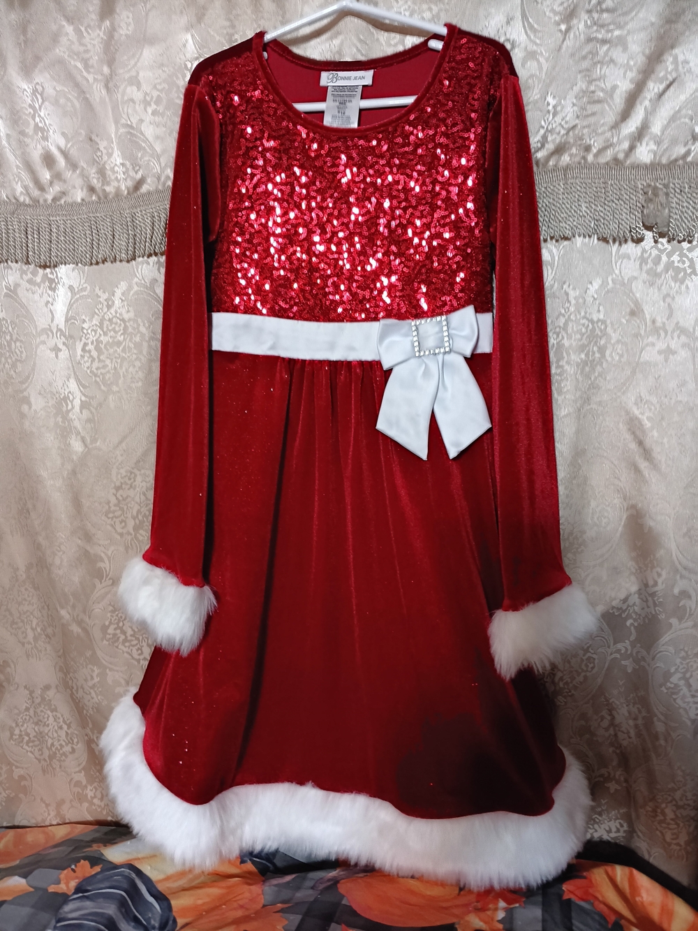 Red Sequin Velvet Holiday Dress with White Bow - Kids